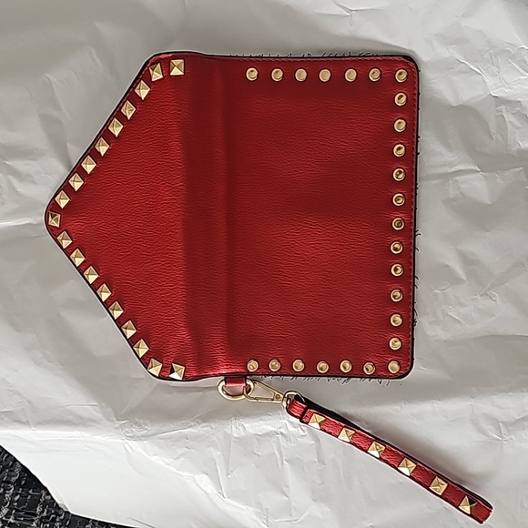 Vegan Red Envelope Clutch Wristlet Gold Hardware - Picture 4 of 7